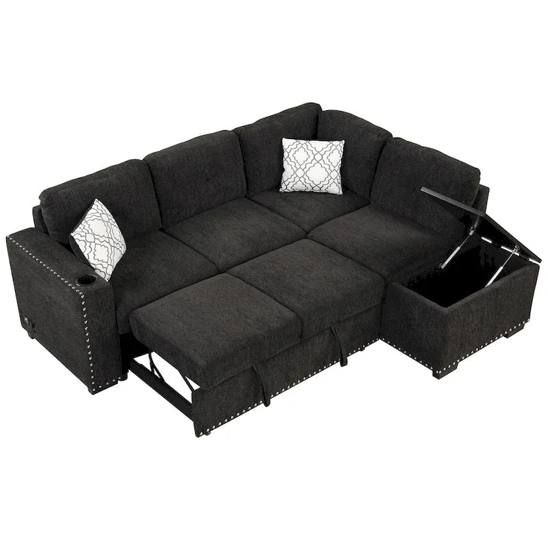 83.8 L-förmiges 4-Sitzer Sektionalsofa mit Ausziehbett, Stauraum-Recamiere, USB-Anschlüssen, Steckdosen und Getränkehaltern