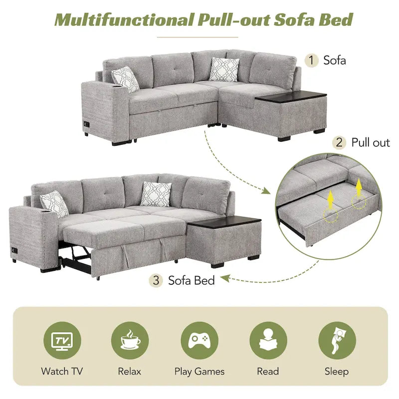 83.8 L-förmiges 4-Sitzer Sektionalsofa mit Ausziehbett, Stauraum-Recamiere, USB-Anschlüssen, Steckdosen und Getränkehaltern