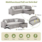 83.8 L-förmiges 4-Sitzer Sektionalsofa mit Ausziehbett, Stauraum-Recamiere, USB-Anschlüssen, Steckdosen und Getränkehaltern