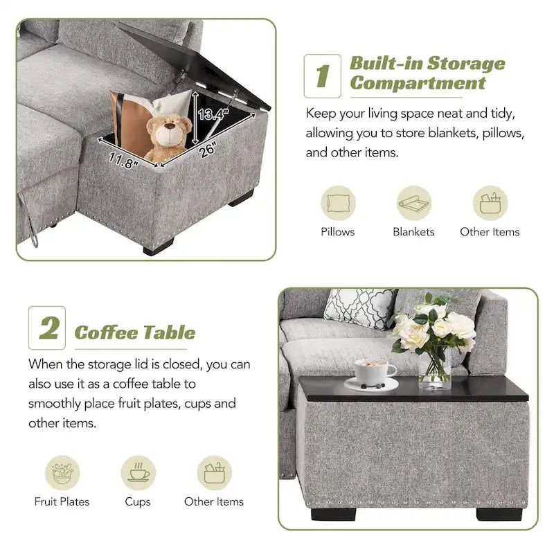 83.8 L-förmiges 4-Sitzer Sektionalsofa mit Ausziehbett, Stauraum-Recamiere, USB-Anschlüssen, Steckdosen und Getränkehaltern