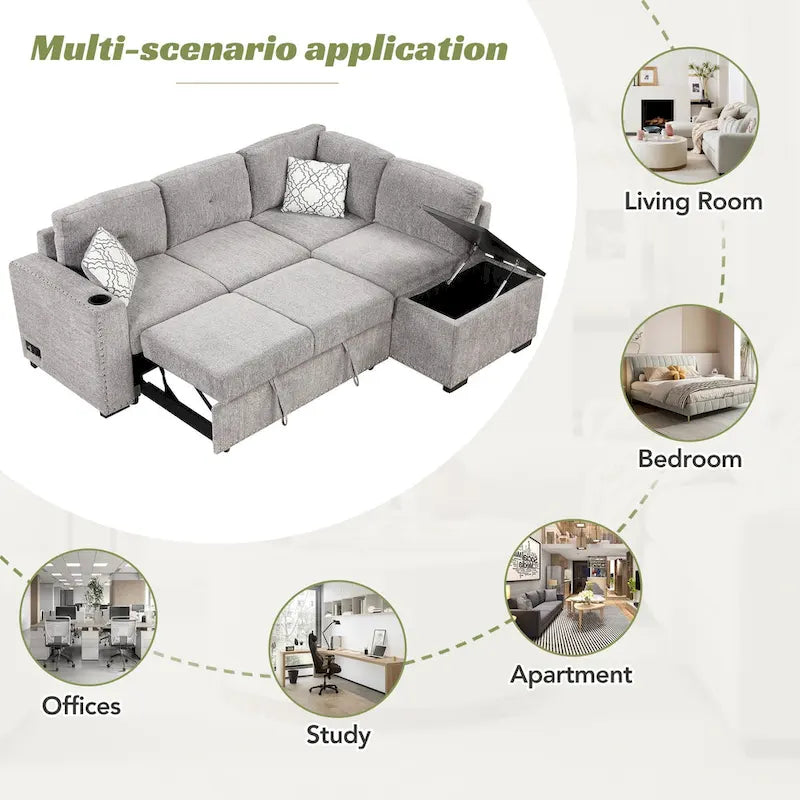 83.8 L-förmiges 4-Sitzer Sektionalsofa mit Ausziehbett, Stauraum-Recamiere, USB-Anschlüssen, Steckdosen und Getränkehaltern