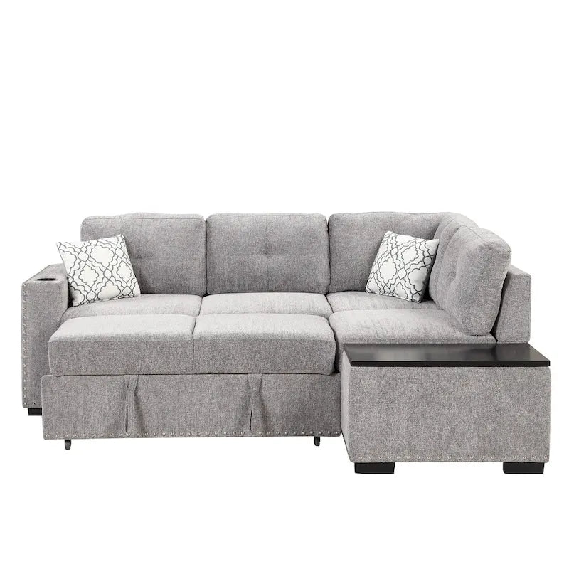 83.8 L-förmiges 4-Sitzer Sektionalsofa mit Ausziehbett, Stauraum-Recamiere, USB-Anschlüssen, Steckdosen und Getränkehaltern