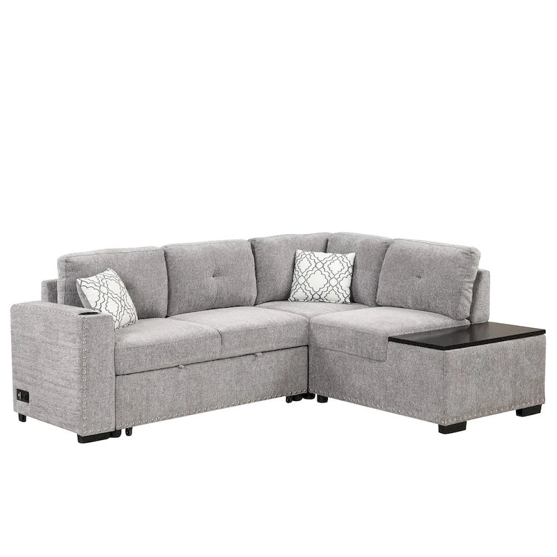 83.8 L-förmiges 4-Sitzer Sektionalsofa mit Ausziehbett, Stauraum-Recamiere, USB-Anschlüssen, Steckdosen und Getränkehaltern