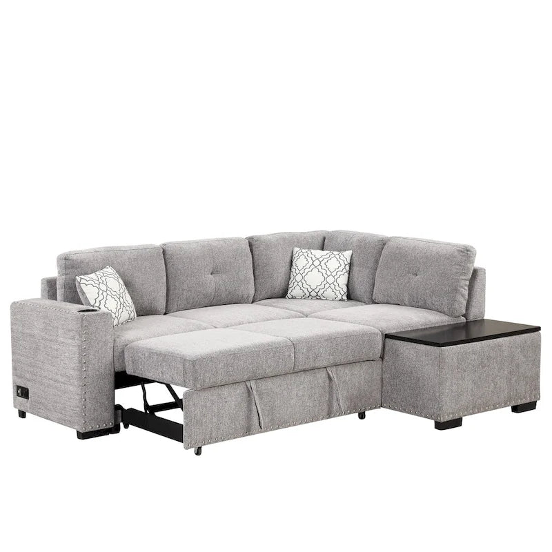 83.8 L-förmiges 4-Sitzer Sektionalsofa mit Ausziehbett, Stauraum-Recamiere, USB-Anschlüssen, Steckdosen und Getränkehaltern