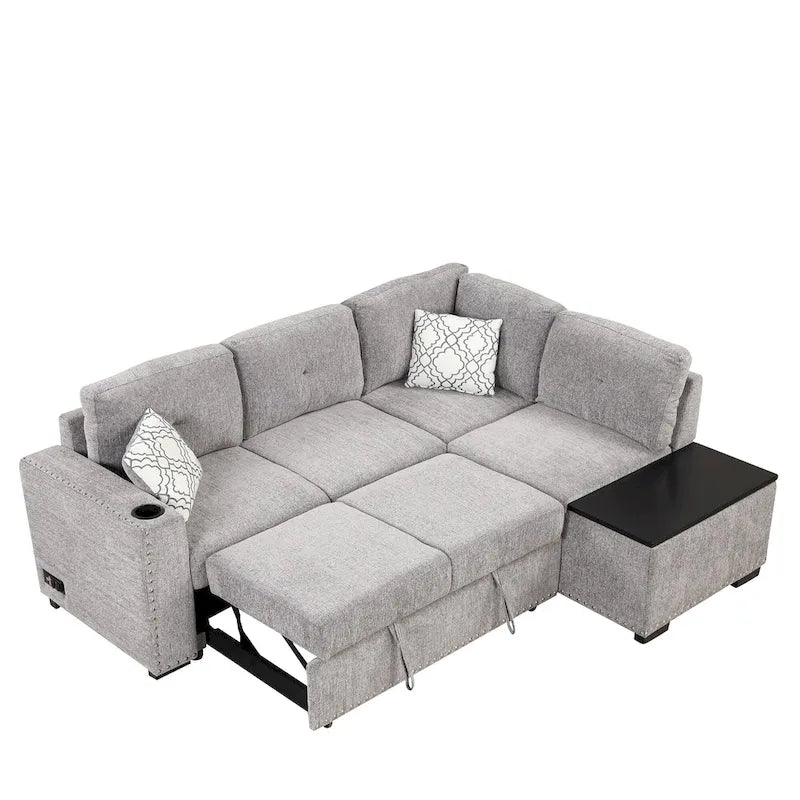 83.8 L-förmiges 4-Sitzer Sektionalsofa mit Ausziehbett, Stauraum-Recamiere, USB-Anschlüssen, Steckdosen und Getränkehaltern