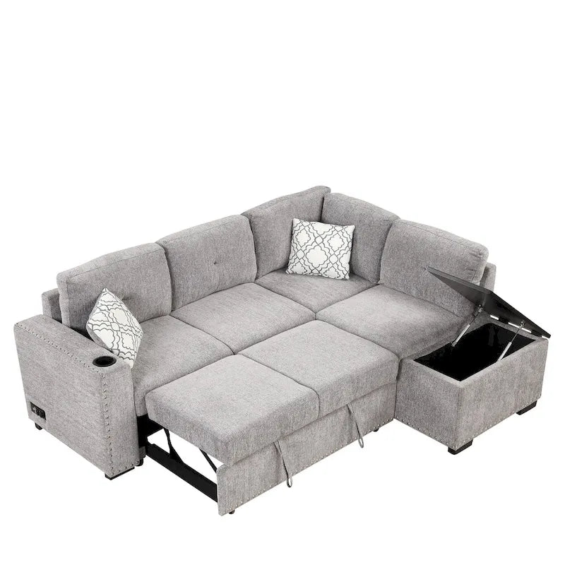 83.8 L-förmiges 4-Sitzer Sektionalsofa mit Ausziehbett, Stauraum-Recamiere, USB-Anschlüssen, Steckdosen und Getränkehaltern