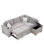 83.8 L-förmiges 4-Sitzer Sektionalsofa mit Ausziehbett, Stauraum-Recamiere, USB-Anschlüssen, Steckdosen und Getränkehaltern