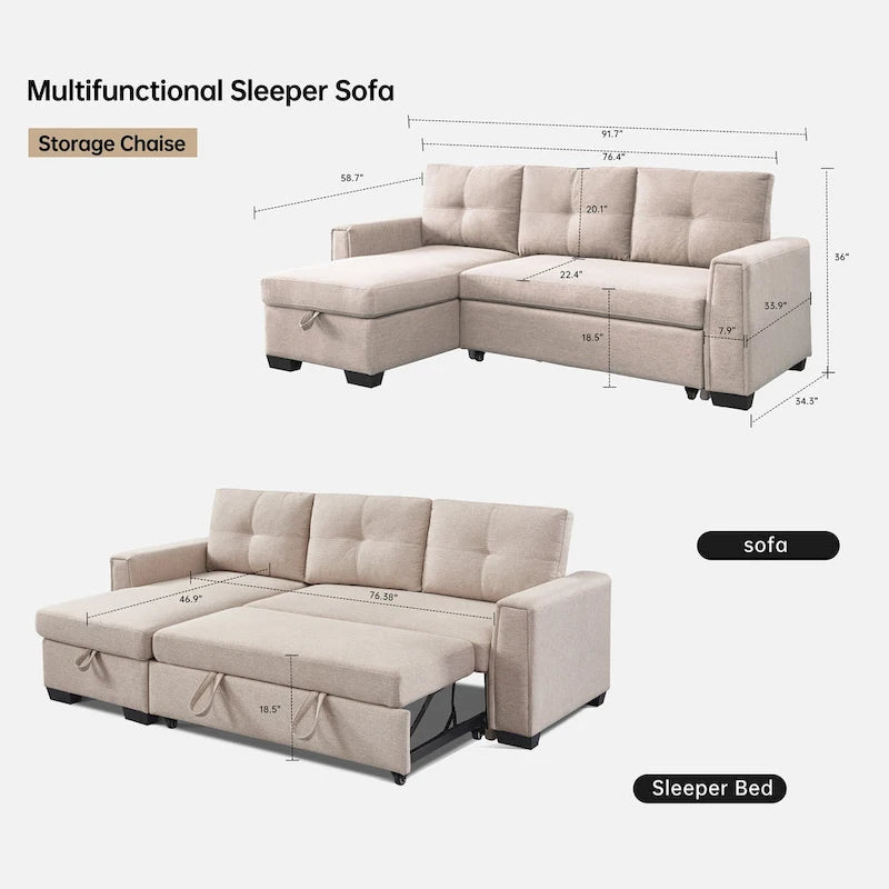 Gestepptes Ecksofa mit Récamiere und Schlaffunktion mit Stauraum