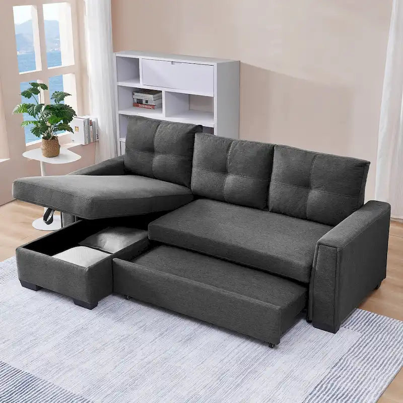 Gestepptes Ecksofa mit Récamiere und Schlaffunktion mit Stauraum