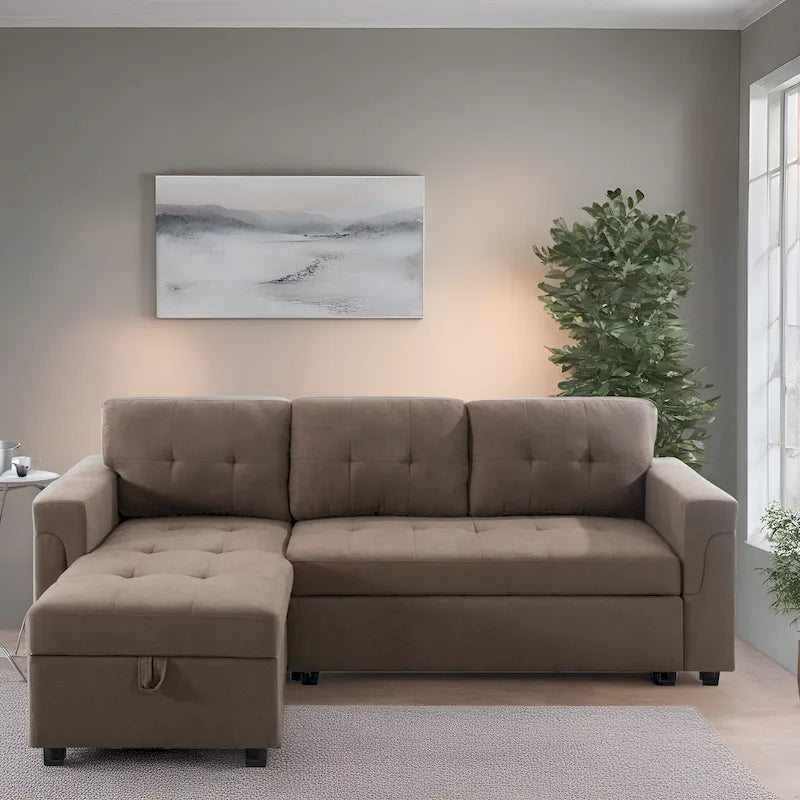 Verwandelbares, umbaubares Ecksofa mit ausziehbarem Schlafsofa, versteckter Aufbewahrung in der Récamiere und robusten Beinen