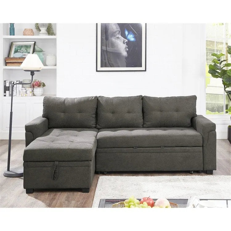 Verwandelbares, umbaubares Ecksofa mit ausziehbarem Schlafsofa, versteckter Aufbewahrung in der Récamiere und robusten Beinen