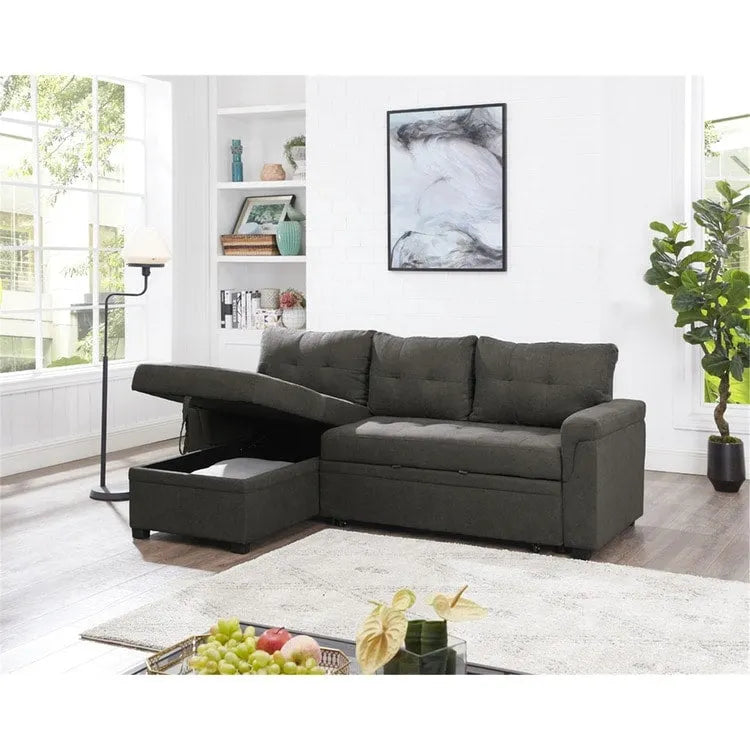 Verwandelbares, umbaubares Ecksofa mit ausziehbarem Schlafsofa, versteckter Aufbewahrung in der Récamiere und robusten Beinen