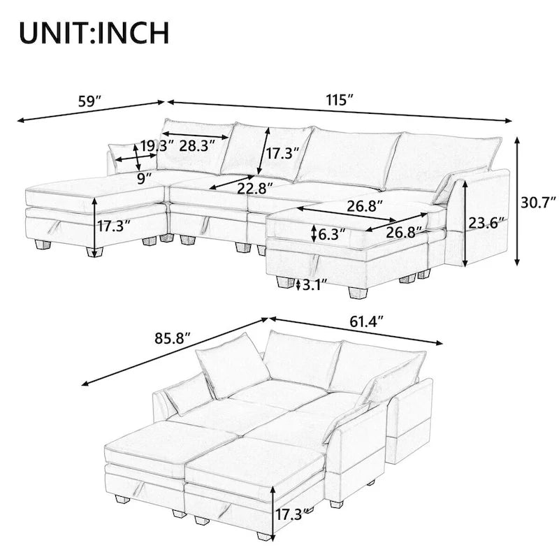 Merax U-förmiges, umwandelbares, modulares Sektions-Schlafsofa mit umkehrbarer Recamiere