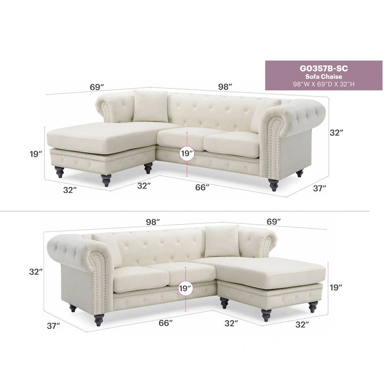 Nola 98 Zoll 3-Sitzer Samtsofa mit 2 Kissen - 98L x 37B x 31H