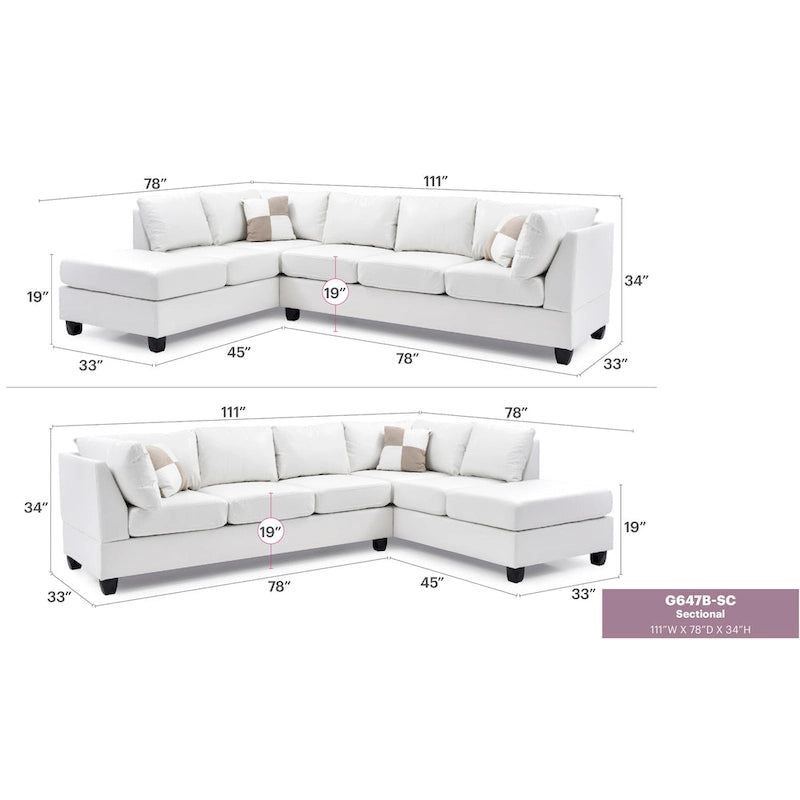 Malone 111 Zoll Kunstleder 4-Sitzer Ecksofa mit 2 Zierkissen – 111L x 78B x 34H