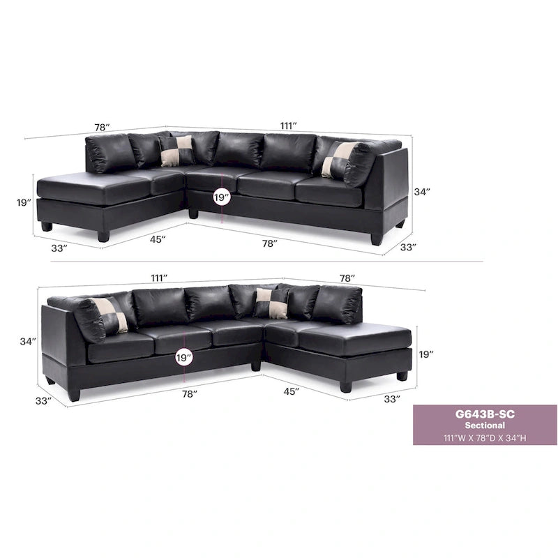 Malone 111 Zoll Kunstleder 4-Sitzer Ecksofa mit 2 Zierkissen – 111L x 78B x 34H