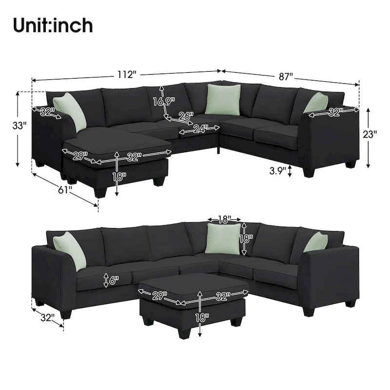 Merax 112*87 Ecksofas Wohnzimmergarnituren 7-Sitzer Modulares Sektionssofa
