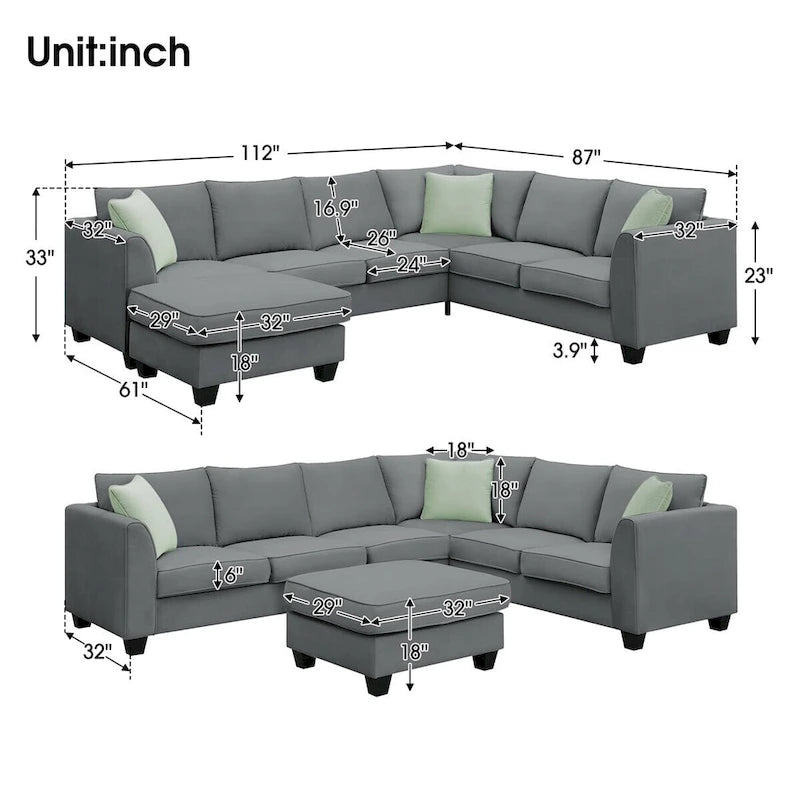 Merax 112*87 Ecksofas Wohnzimmergarnituren 7-Sitzer Modulares Sektionssofa