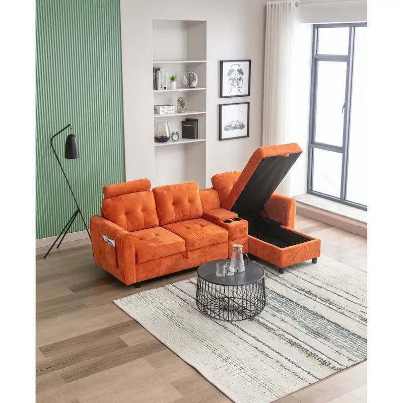 HOMEFUN Samt/PU/Stoff gepolstertes, getuftetes L-förmiges Ecksofa mit Stauraum und Umwandlungsfunktion