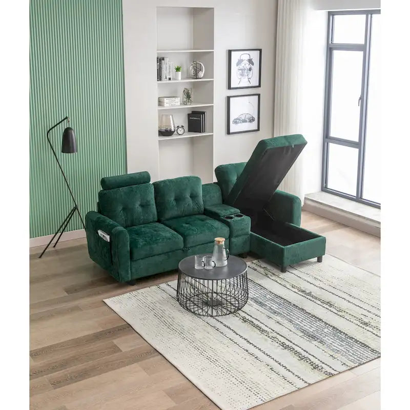HOMEFUN Samt/PU/Stoff gepolstertes, getuftetes L-förmiges Ecksofa mit Stauraum und Umwandlungsfunktion