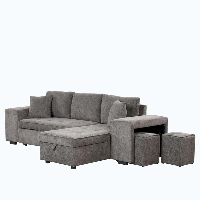 Modernes L-förmiges 3-Sitzer Schlafsofa, mit Stauraum-Recamiere und 2 Hockern