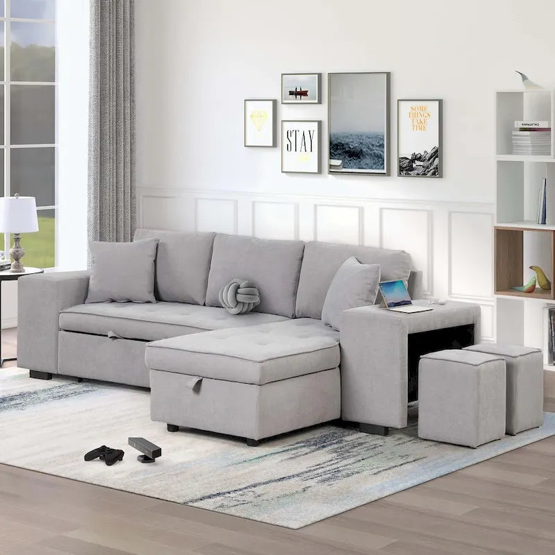 Modernes L-förmiges 3-Sitzer Schlafsofa, mit Stauraum-Recamiere und 2 Hockern