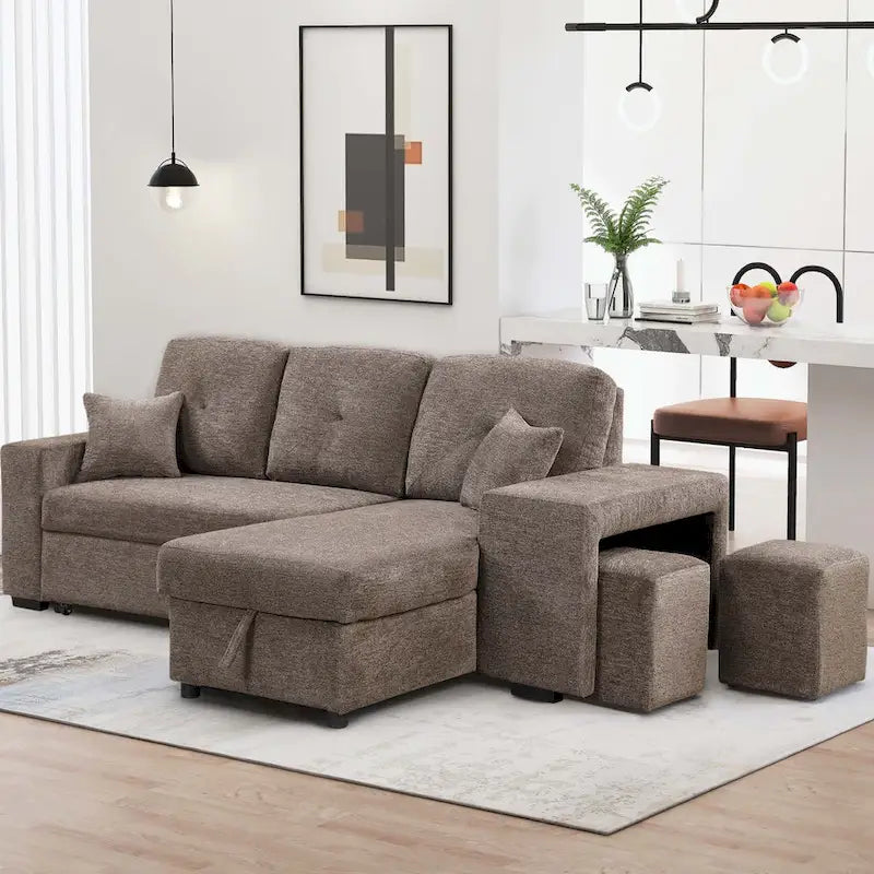 Modernes L-förmiges 3-Sitzer Schlafsofa, mit Stauraum-Recamiere und 2 Hockern