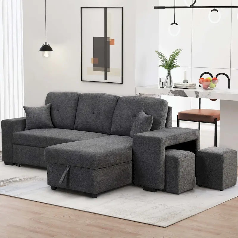Modernes L-förmiges 3-Sitzer Schlafsofa, mit Stauraum-Recamiere und 2 Hockern