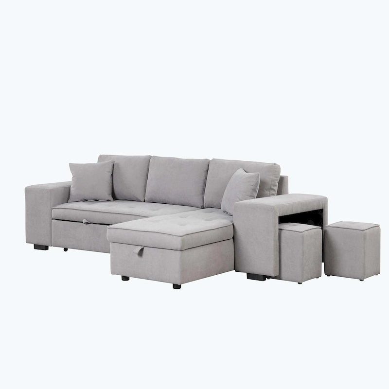 Modernes L-förmiges 3-Sitzer Schlafsofa, mit Stauraum-Recamiere und 2 Hockern