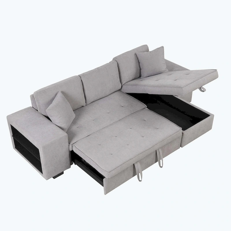 Modernes L-förmiges 3-Sitzer Schlafsofa, mit Stauraum-Recamiere und 2 Hockern