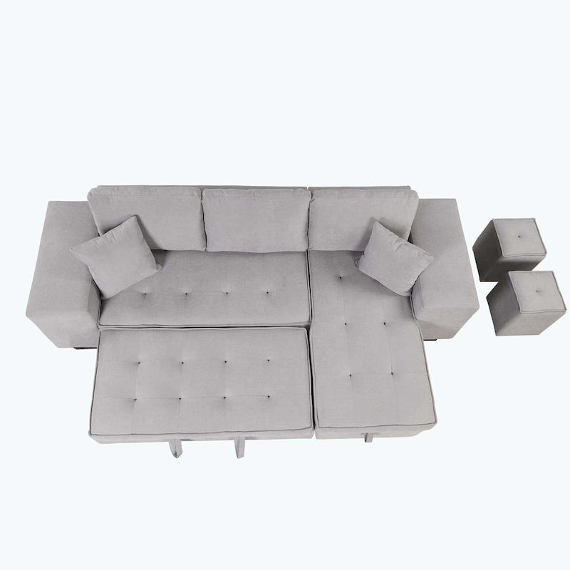 Modernes L-förmiges 3-Sitzer Schlafsofa, mit Stauraum-Recamiere und 2 Hockern