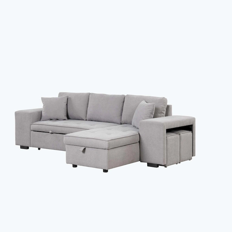 Modernes L-förmiges 3-Sitzer Schlafsofa, mit Stauraum-Recamiere und 2 Hockern