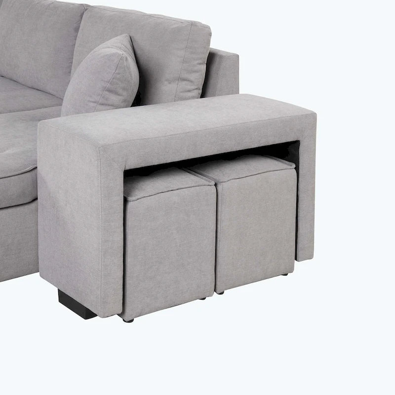 Modernes L-förmiges 3-Sitzer Schlafsofa, mit Stauraum-Recamiere und 2 Hockern