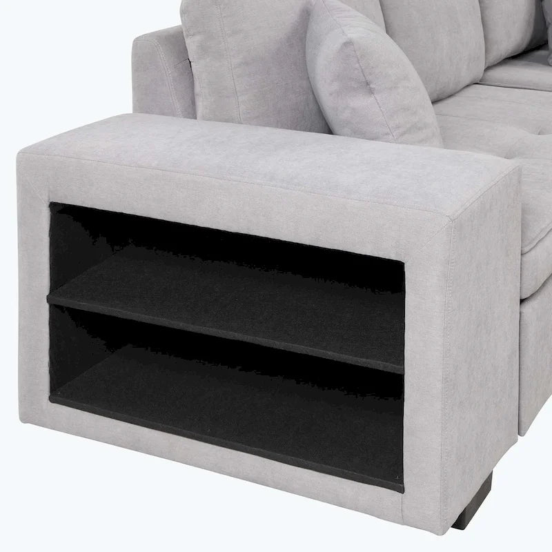 Modernes L-förmiges 3-Sitzer Schlafsofa, mit Stauraum-Recamiere und 2 Hockern