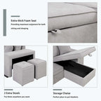 Modernes L-förmiges 3-Sitzer Schlafsofa, mit Stauraum-Recamiere und 2 Hockern