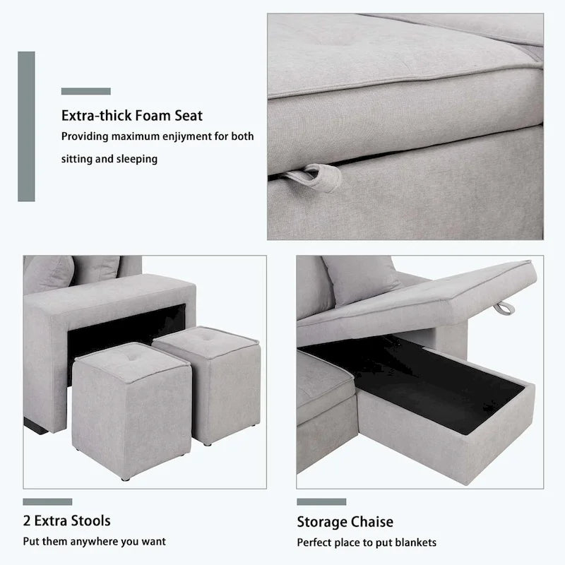 Modernes L-förmiges 3-Sitzer Schlafsofa, mit Stauraum-Recamiere und 2 Hockern