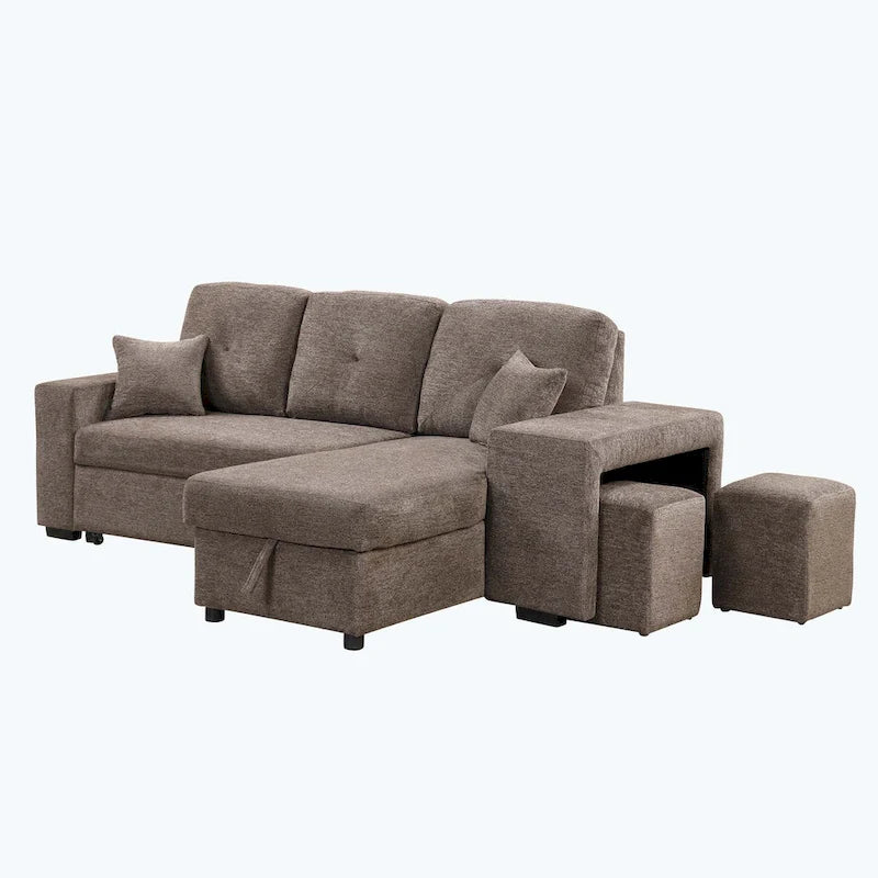 Modernes L-förmiges 3-Sitzer Schlafsofa, mit Stauraum-Recamiere und 2 Hockern