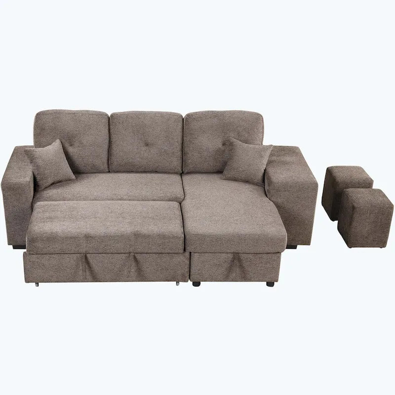 Modernes L-förmiges 3-Sitzer Schlafsofa, mit Stauraum-Recamiere und 2 Hockern