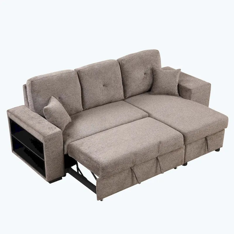 Modernes L-förmiges 3-Sitzer Schlafsofa, mit Stauraum-Recamiere und 2 Hockern