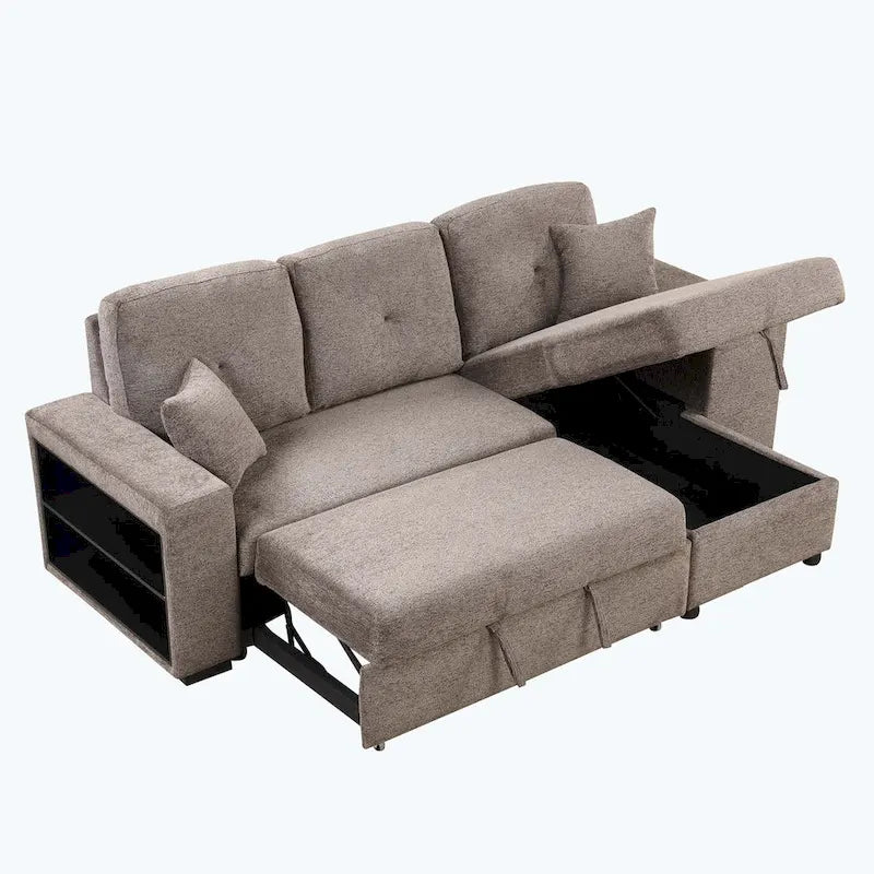 Modernes L-förmiges 3-Sitzer Schlafsofa, mit Stauraum-Recamiere und 2 Hockern