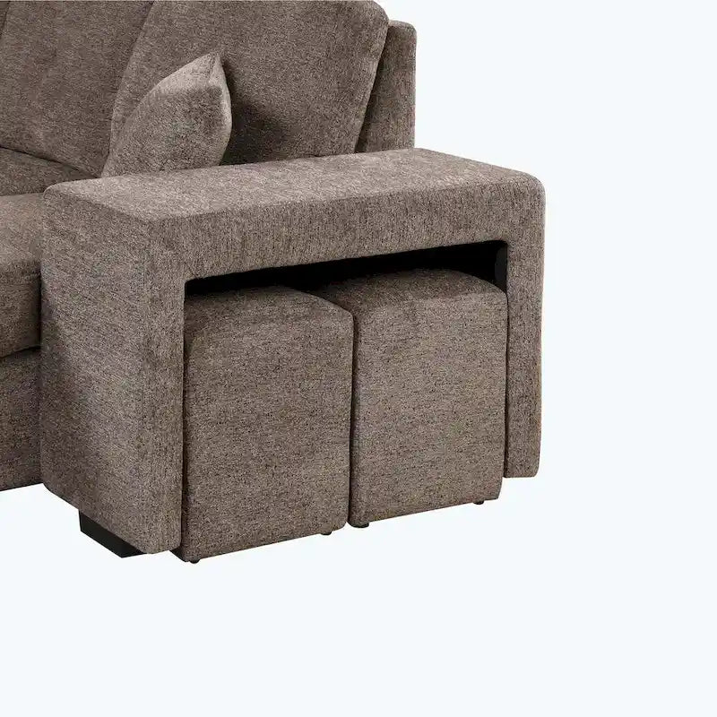 Modernes L-förmiges 3-Sitzer Schlafsofa, mit Stauraum-Recamiere und 2 Hockern