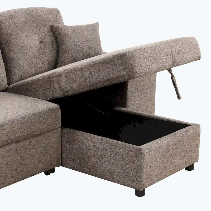 Modernes L-förmiges 3-Sitzer Schlafsofa, mit Stauraum-Recamiere und 2 Hockern