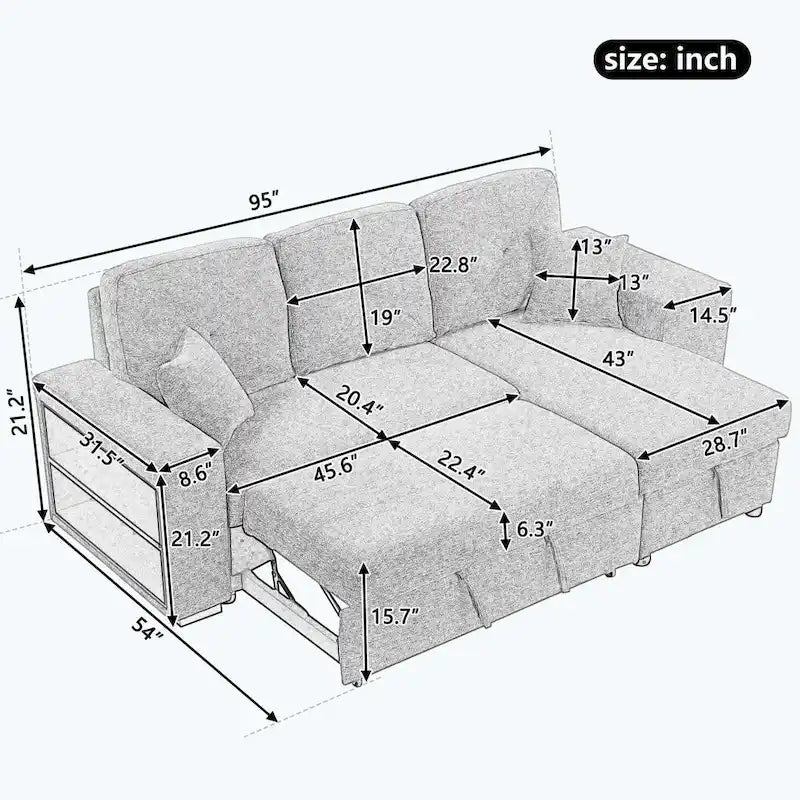 Modernes L-förmiges 3-Sitzer Schlafsofa, mit Stauraum-Recamiere und 2 Hockern