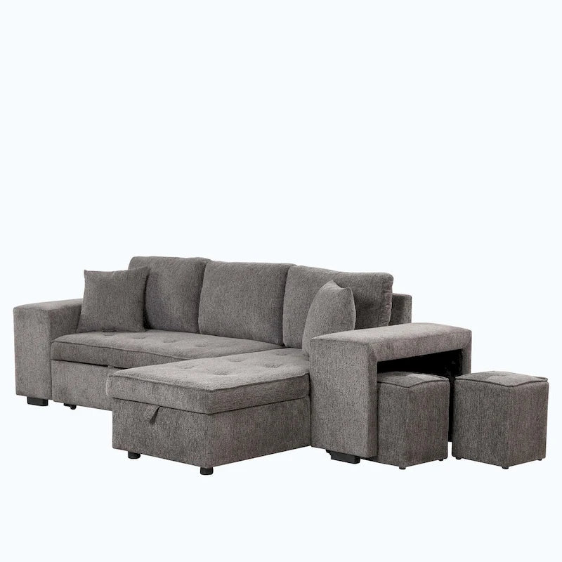 Modernes L-förmiges 3-Sitzer Schlafsofa, mit Stauraum-Recamiere und 2 Hockern