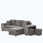 Modernes L-förmiges 3-Sitzer Schlafsofa, mit Stauraum-Recamiere und 2 Hockern