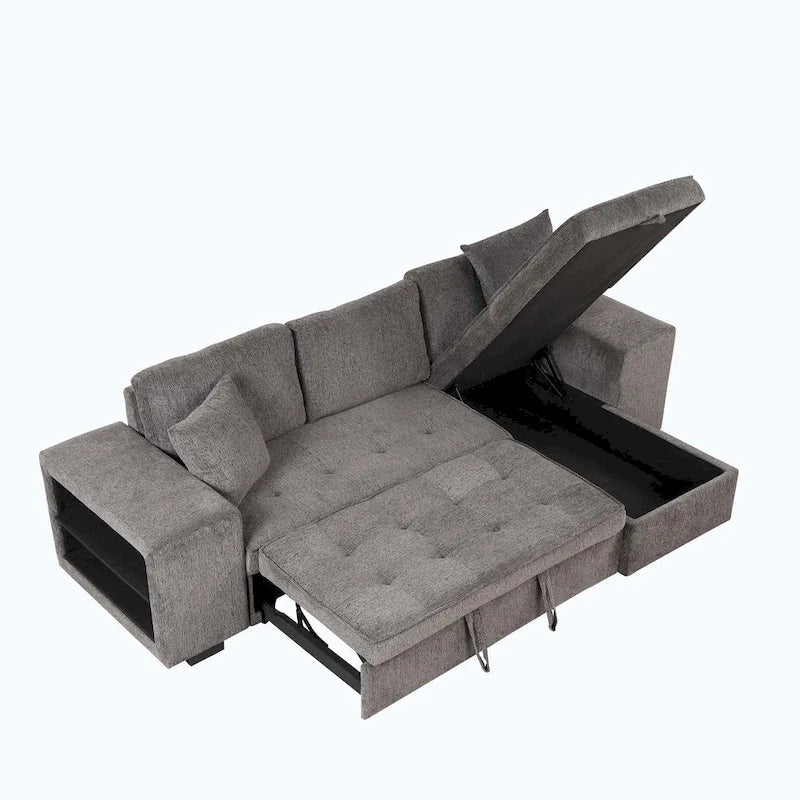 Modernes L-förmiges 3-Sitzer Schlafsofa, mit Stauraum-Recamiere und 2 Hockern