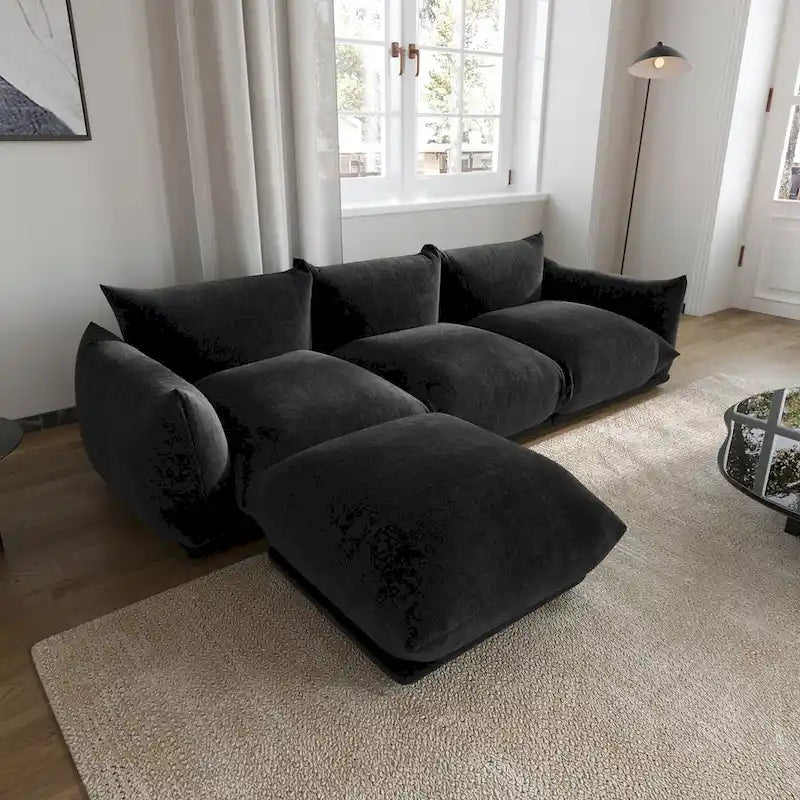 L-förmiges Sektionssofa, minimalistisches Chenille-Modulsofa mit Ottomane