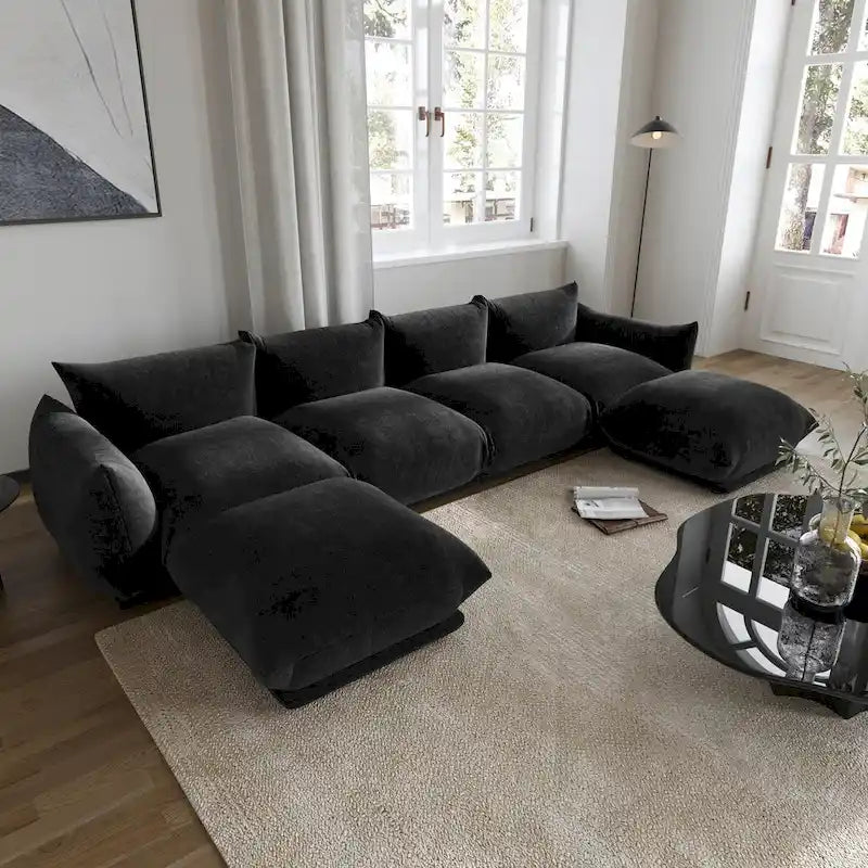 L-förmiges Sektionssofa, minimalistisches Chenille-Modulsofa mit Ottomane