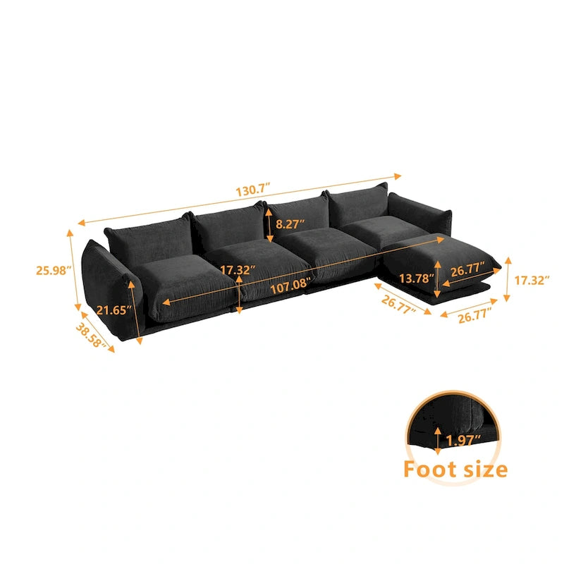 L-förmiges Sektionssofa, minimalistisches Chenille-Modulsofa mit Ottomane