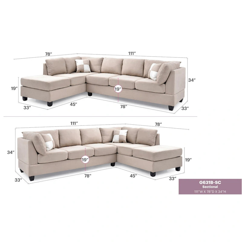 Malone 111 Zoll Wildleder 4-Sitzer Ecksofa mit 2 Zierkissen - 111L x 78B x 34H